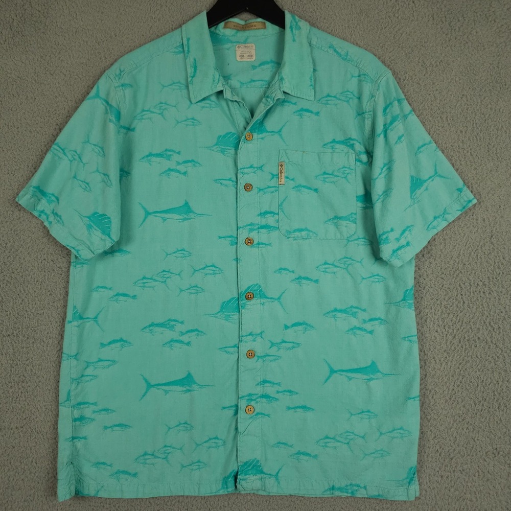 Columbia River Lodge Shirt Mens Large Green Marlin Fish Print Button Up Casual